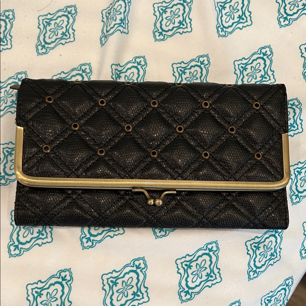 Matt & Nat Black Vegan Faux Leather Quilted Clutch Wallet with Gold Tone Trim